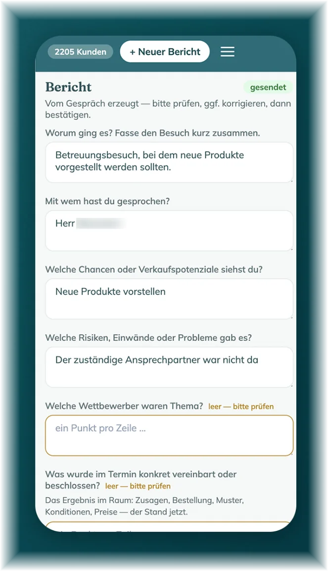 Besuchsbericht-App: fertiger Bericht zur Prüfung